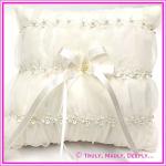 Wedding Ring Cushion - Square Lace & Pearls Ivory